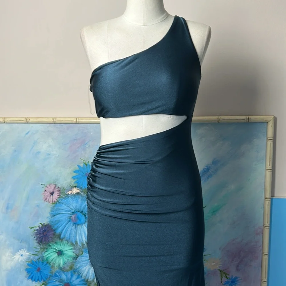 Eugenia Fernandez  One-Shoulder Teal Dress Ruched Side Maxi Open side small - Picture 4 of 17